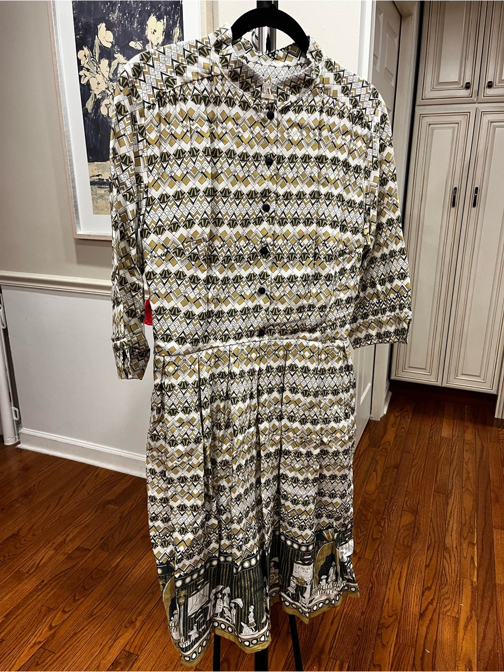 Printed Button-Front Midi Dress in Olive and Cream
